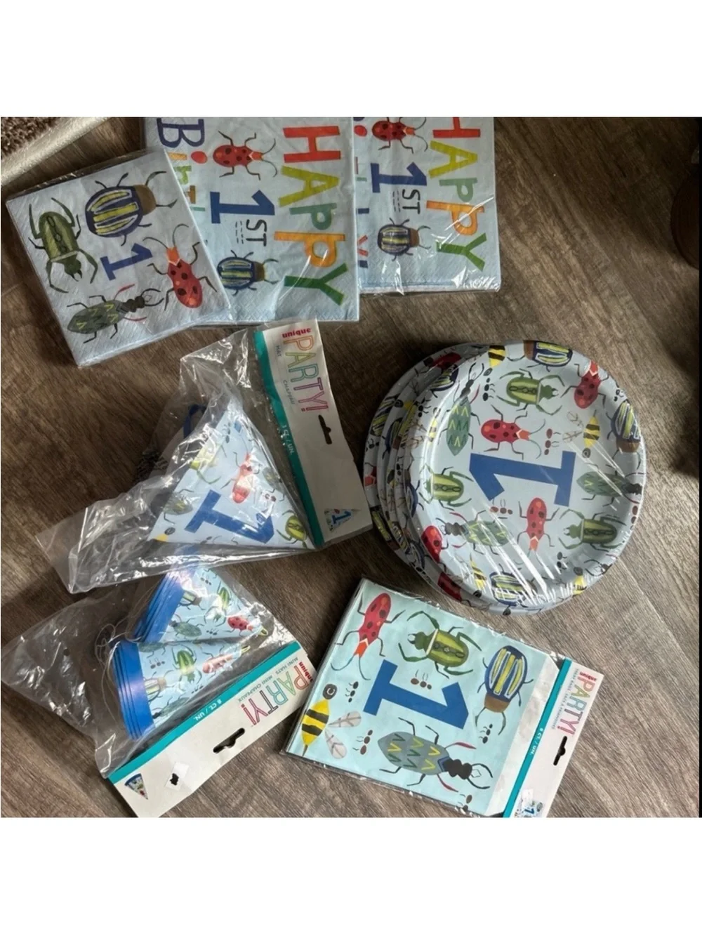 1st Birthday Bug-Themed Party Plates, Napkins & Hats - Blue/Green/Red